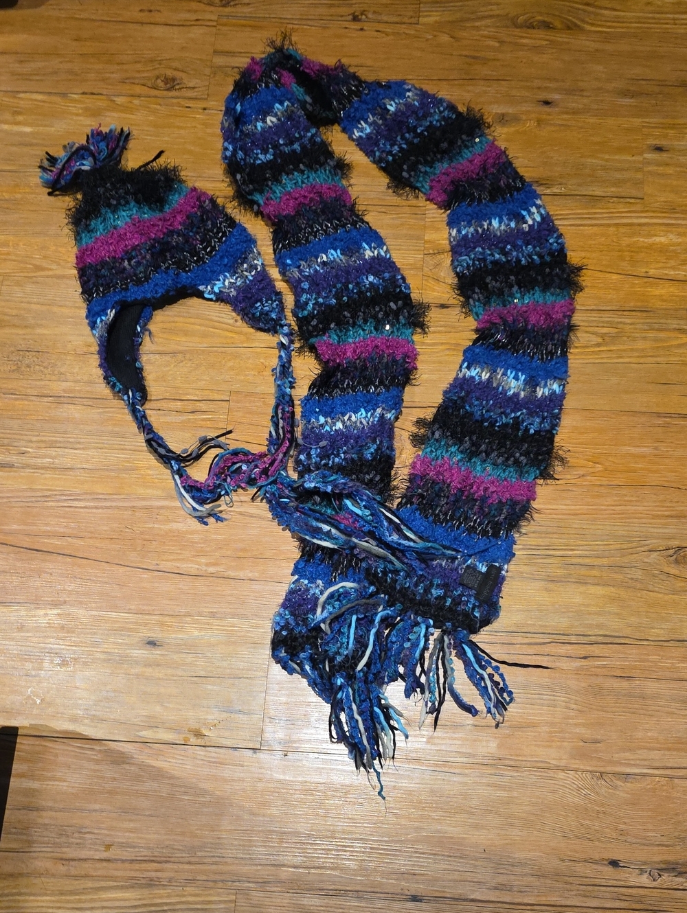 Cozy Striped Knit Earflap Hat and Scarf Set - Blue/Purple/Black